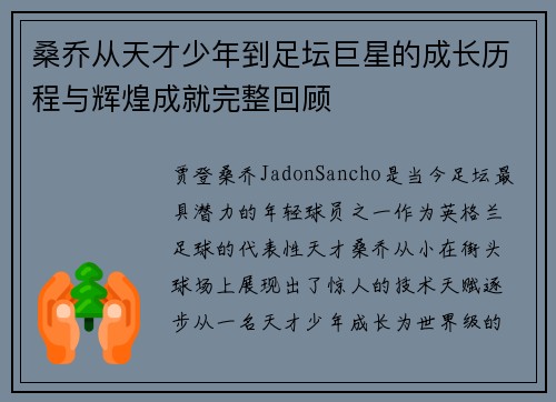桑乔从天才少年到足坛巨星的成长历程与辉煌成就完整回顾